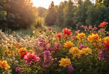 Fototapeta premium Lush wildflower meadow with colorful blossoms and warm golden hour sunlight, nature and outdoor beauty