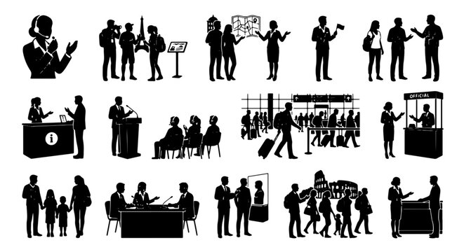 Diverse Silhouettes of People in Business, Travel, and Social Interactions, Vector Icons Set