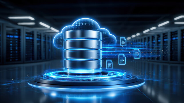 Cloud database backup concept with glowing server stack and streaming file icons futuristic data center, secure enterprise protection and blue