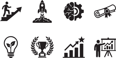 Obraz premium Business Growth and Career Success Icon Set Featuring Rocket Launch, Trophy, Idea Lightbulb, and Growth Charts