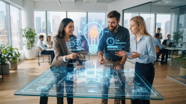 Business team using holographic interface. Professionals analyzing digital data in office.