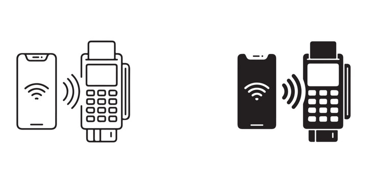 Mobile payment illustration showing smartphone contactless transaction with card reader device in two color variations