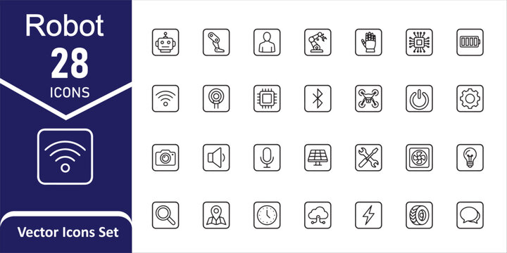 Robot vector icon set 28 line icons for automation ai and technology designs