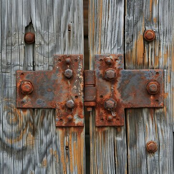 Close-up of a weathered rusty metal hinge connecting gray wooden panels background