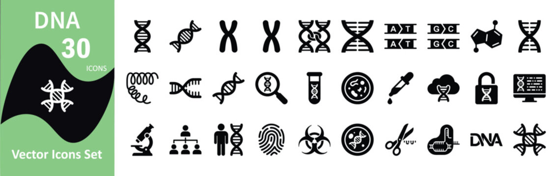Dna vector icon set 30 black glyphs with genetic code biology and science symbols for design projects