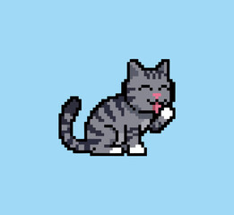 Obraz premium Pixel art grey tabby cat licking paw 8-bit retro video game sprite clipart isolated