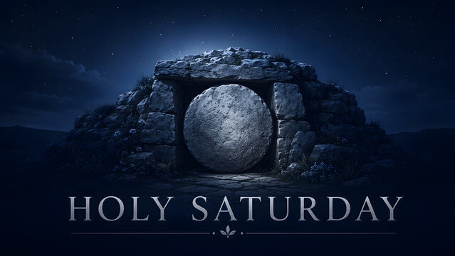 Holy saturday religious holiday graphic with an empty stone tomb at night