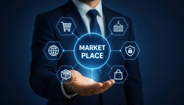 Businessman presenting digital marketplace. Executive showing virtual e-commerce network.