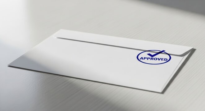 White Envelope with Blue "Approved" Stamp Symbolizing Confirmation and Official Recognition of Documents and Correspondence for Business and Legal Processes.