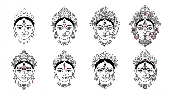 Goddess Durga face illustrations. Traditional Indian deity icons for festival graphic design.