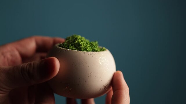 Close-up of a hand holding a small, round planter with vibrant green moss