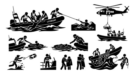 Naklejka premium Maritime Rescue Operation Icons, Sea Survival and Emergency Assistance Vector Set, Coast Guard and Lifeboat Assistance Graphics