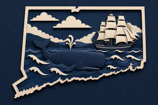 Connecticut maritime paper cut with whale and tall ship