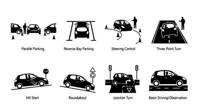 Driving School Icons Set: Parallel Parking, Reverse Bay Parking, Steering Control, Three Point Turn, Hill Start, Roundabout, Junction Turn, Basic Driving Observation Vector Graphics