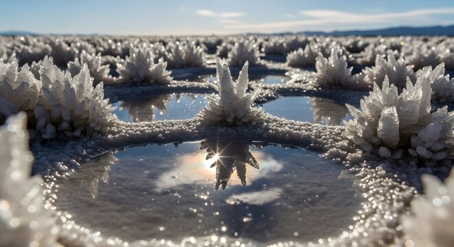 Stunning salt crystal formations surrounding small natural water pools in the vast atacama desert salt flats landscape