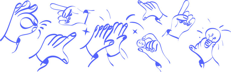 Hand drawn gesture doodle icon set featuring blue line art hand gestures pointing high five okay sign idea bulb coin vector symbols for body language communication UI design © Ink Magic