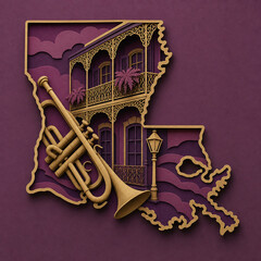 Obraz premium Louisiana jazz balcony layered paper cut illustration
