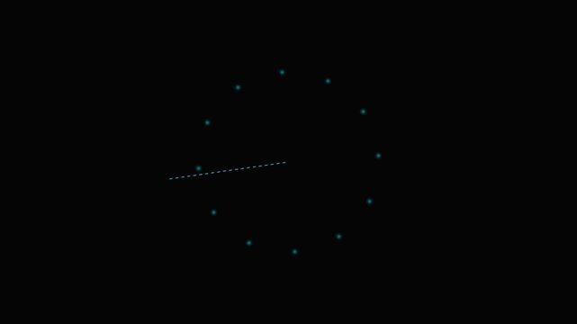 Minimalist glowing analog clock face captured in complete total darkness