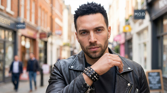 Young man in a black leather jacket and spiked bracelet. Edgy male model posing on an urban city street