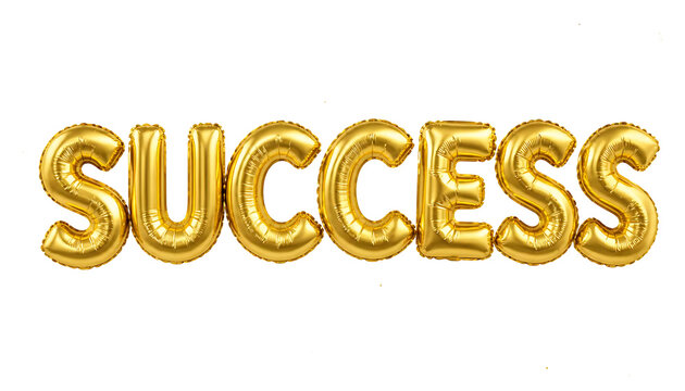 Shiny gold metallic foil balloon letters forming the word success against a plain white background with seven individual golden balloons arranged spell