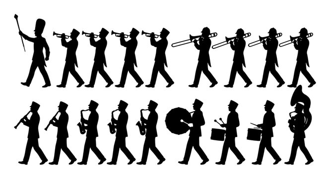 Marching Band Silhouettes: Musicians with Brass Instruments, Drums, and Conductor, Vector Set for Performance and Music Themes