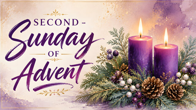 Second sunday of advent banner with two burning purple candles, pine cones, and evergreen branches