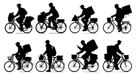 Obraz premium Delivery Cyclist Silhouettes, 8 Icons Set: Courier on Bicycle with Cargo Bags, Backpacks, and Baskets for Logistics and E-commerce