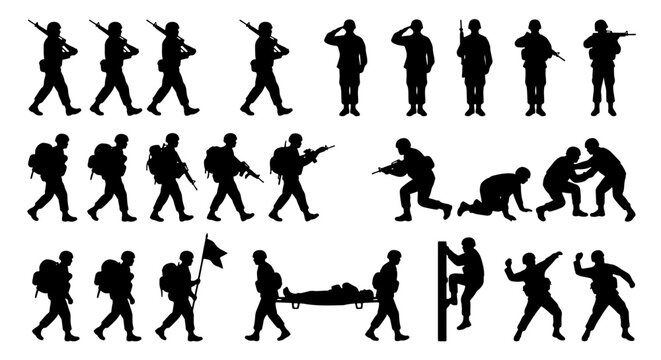 Military Soldier Silhouettes, Action Poses Vector Set: Combat, Marching, Carrying Flag, Stretcher, Climbing, Fighting, Saluting, Armed Figures