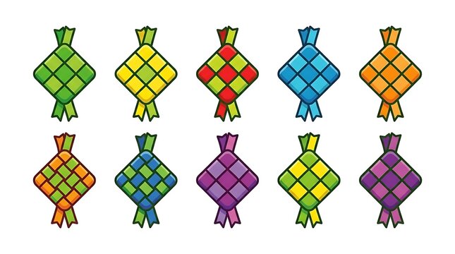 Colorful ketupat icons set for festive decoration.