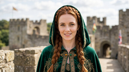 Fototapeta premium Woman in green medieval hooded cape. Red haired female in historical costume at castle
