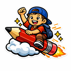Cartoon school boy riding a giant red pencil rocket, creative education concept vector, happy student flying through clouds with backpack