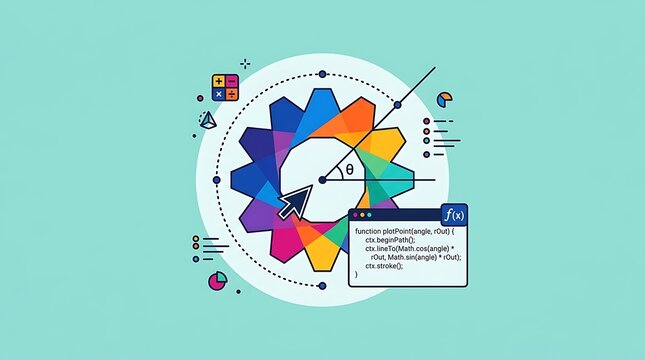 Mathematics and coding concept with colorful gear and code snippet
