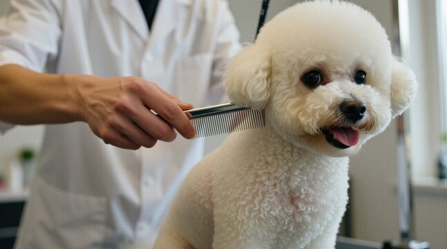 Professional pet groomer brushes soft white dog fur with metal comb in bright clinic. Veterinarian performs hygienic grooming procedure on small fluffy bichon frise puppy. Animal care specialist