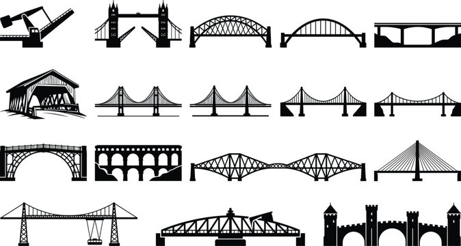 Set of architectural bridge vector icons featuring suspension, arch, drawbridge, and truss bridge designs