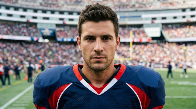 Close-up portrait of a serious male football player in a blue and red jersey. Athletic man with shoulder pads standing on the stadium field
