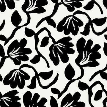Seamless monochrome pattern featuring hand drawn abstract flowers. Artistic brush strokes floral design in modern minimalist style