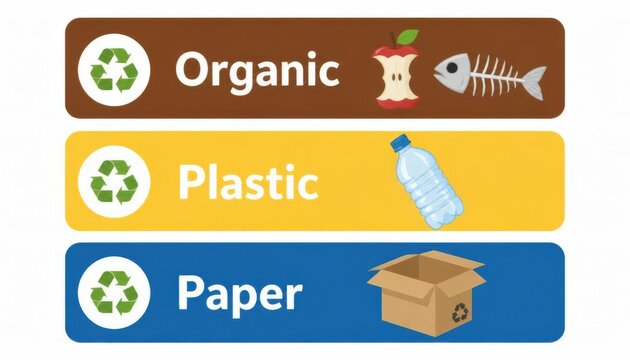 Waste sorting labels for recycling bins. Trash separation signs for organic plastic paper.