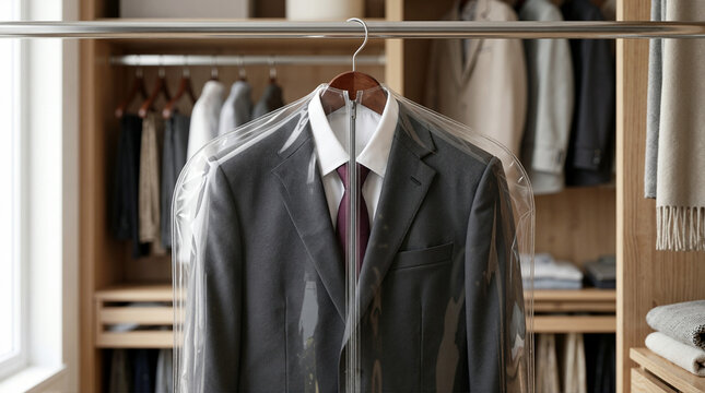 Dark grey business suit hanging in a clear plastic garment bag. Formal menswear on a wooden hanger in an organized closet wardrobe