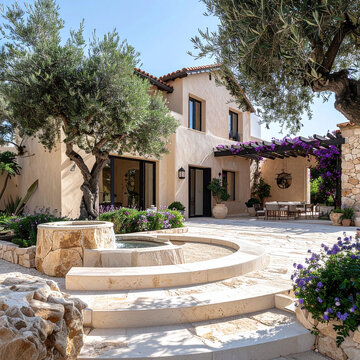 A sundrenched, tranquil Mediterranean villa courtyard featuring an elegant stone fountain and lush olive trees. Nobody is present, evoking a peaceful sense of luxury and escape.
