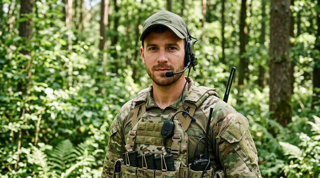 Portrait of male special forces soldier in green camouflage uniform. Military man in tactical vest and headset standing in forest