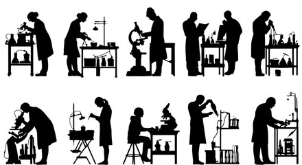 Fototapeta premium Science Lab Silhouettes: Researchers Conducting Experiments, Vector Icons for Medical Research, Chemistry, and Biology