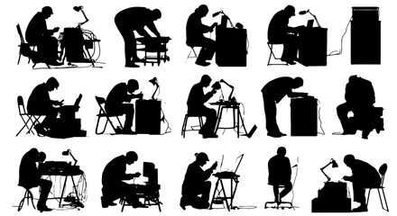 Obraz premium Craftsman Silhouette Collection: Detailed Vector Icons of Artisans at Work, Featuring Tools and Technology for Design Projects