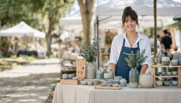 A young woman sells handmade ceramic pots and tableware at an outdoor market stall, smiling and standing behind a display of vases and bowls. The scene shows a bright daytime craft market atmosphere.