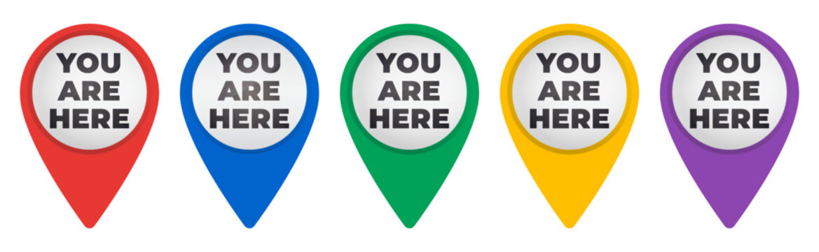 Multicolored Map Marker Pin with You Are Here Phase. Location Pin isolated icon set vector illustration