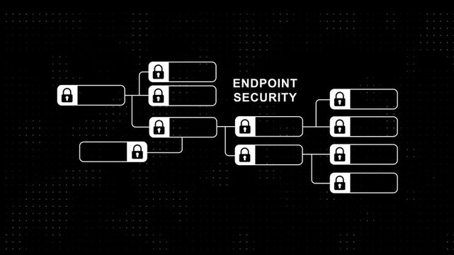 Endpoint security network diagram animation with digital padlock for cyber protection and data privacy concepts