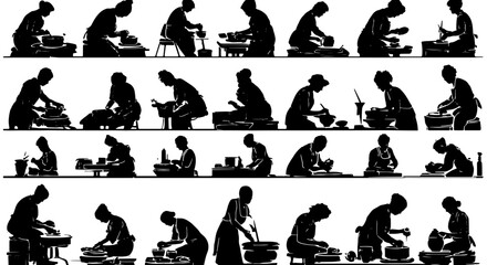 Obraz premium Pottery Making Silhouettes, Ceramic Crafting Actions, Artisan Hands Shaping Clay, Traditional Craft Vector Collection, Diverse Studio Poses