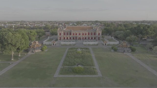 Aerial drone footage of the Imperial City of Hue, Vietnam, featuring Ngo Mon Gate, Thai Hoa Palace, and Kien Trung Palace. A UNESCO World Heritage Site - D log mode