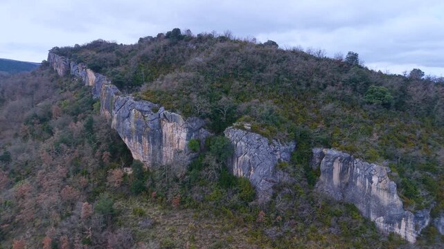 Aerial view from a drone of the artificial caves called "Las Gobas de La&ntilde;o and Santorkaria" in La&ntilde;o, in the Trevi&ntilde;o County region. Burgos. Castile and Le&oacute;n. Spain. Europe