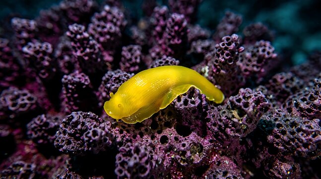 A Vibrant Yellow Flatworm Crawling Over Purple Coral Reef.