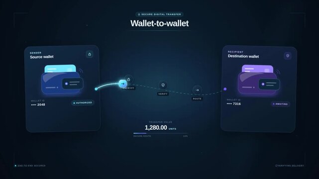 Wallet to wallet digital money transfer animation with secure transaction complete